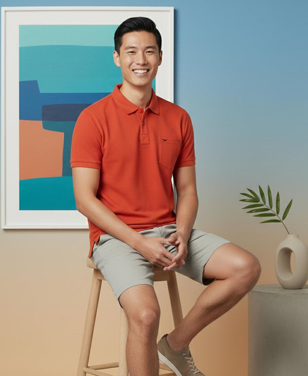HiFlyers Men'S Solid Regular Fit Polo T-Shirt With Pocket -Rust