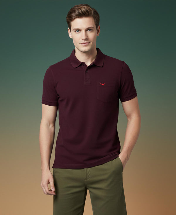 HiFlyers Men'S Solid Regular Fit Polo T-Shirt With Pocket -Wine