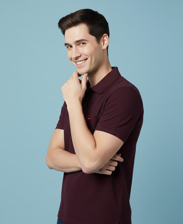 HiFlyers Men'S Solid Regular Fit Polo T-Shirt With Pocket -Wine