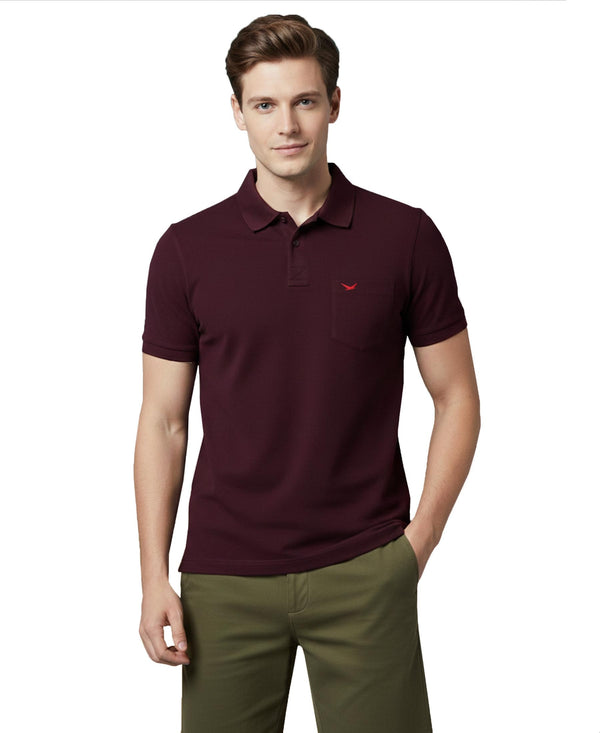 HiFlyers Men'S Solid Regular Fit Polo T-Shirt With Pocket -Wine