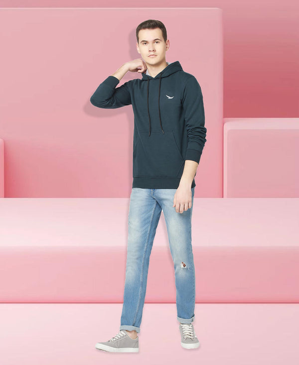 HiFlyers Men Bottle Green Cotton Fleece Smart FitSolid Sweatshirt With Hood