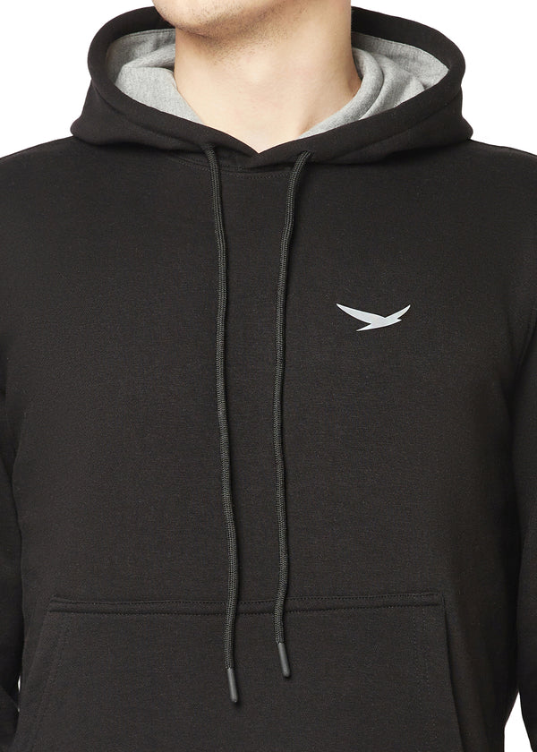HiFlyers Men Black Cotton Fleece Smart FitSolid Sweatshirt With Hood