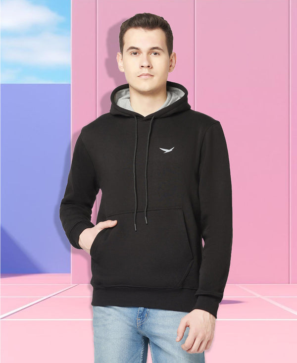 HiFlyers Men Black Cotton Fleece Smart FitSolid Sweatshirt With Hood