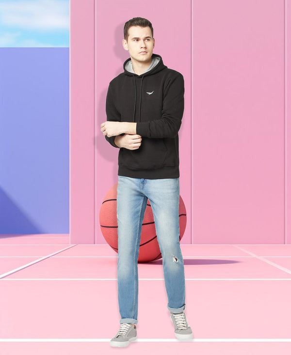 HiFlyers Men Black Cotton Fleece Smart FitSolid Sweatshirt With Hood