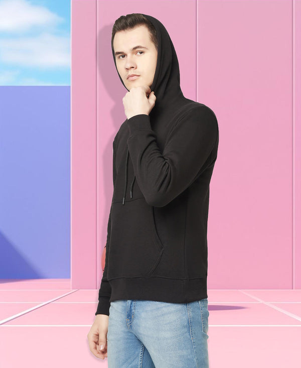 HiFlyers Men Black Cotton Fleece Smart FitSolid Sweatshirt With Hood