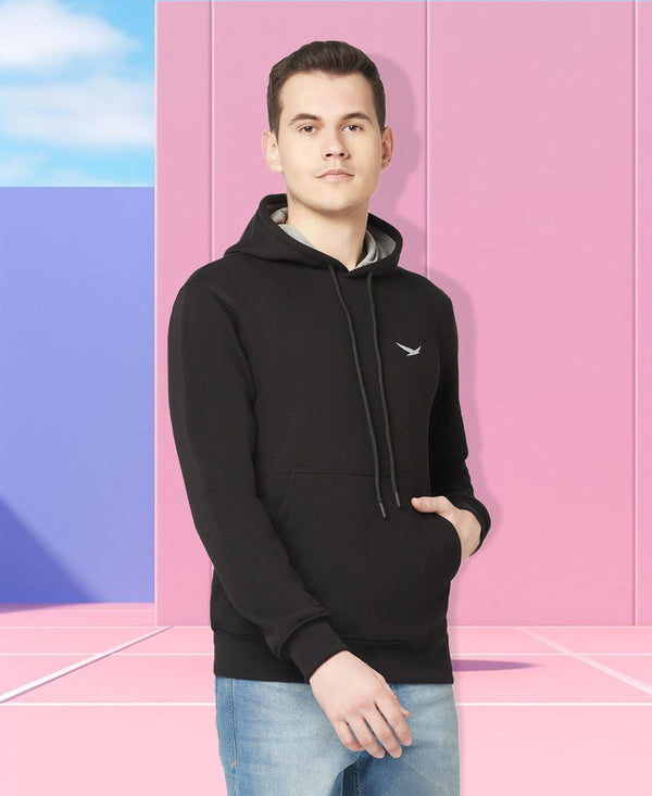 HiFlyers Men Black Cotton Fleece Smart FitSolid Sweatshirt With Hood