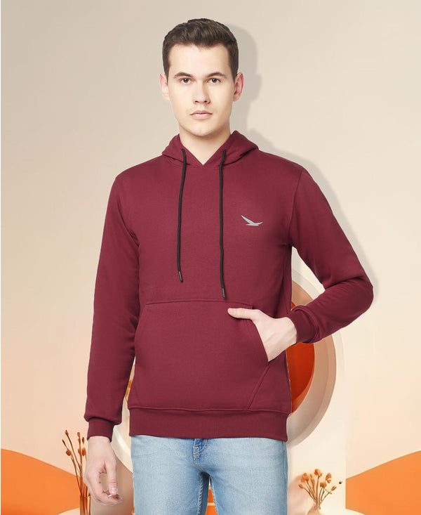 HiFlyers Men Maroon Cotton Fleece Smart FitSolid Sweatshirt With Hood