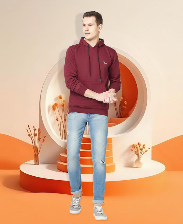 HiFlyers Men Maroon Cotton Fleece Smart FitSolid Sweatshirt With Hood
