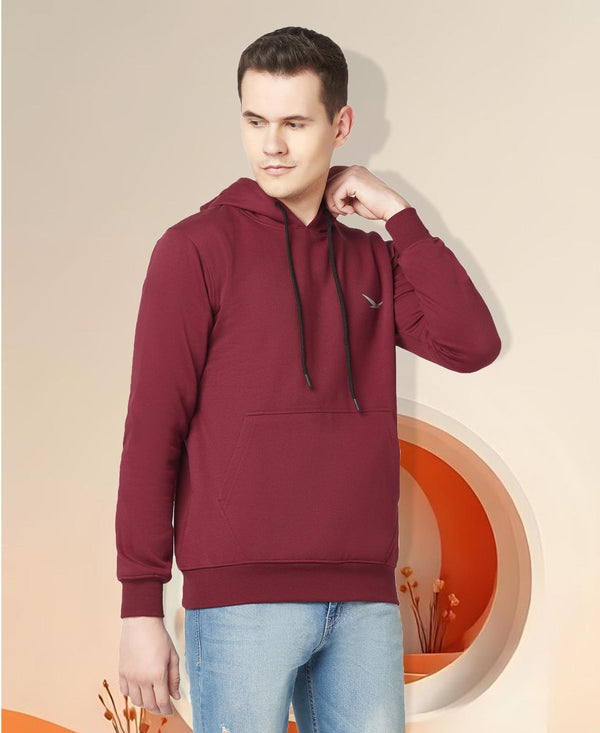 HiFlyers Men Maroon Cotton Fleece Smart FitSolid Sweatshirt With Hood