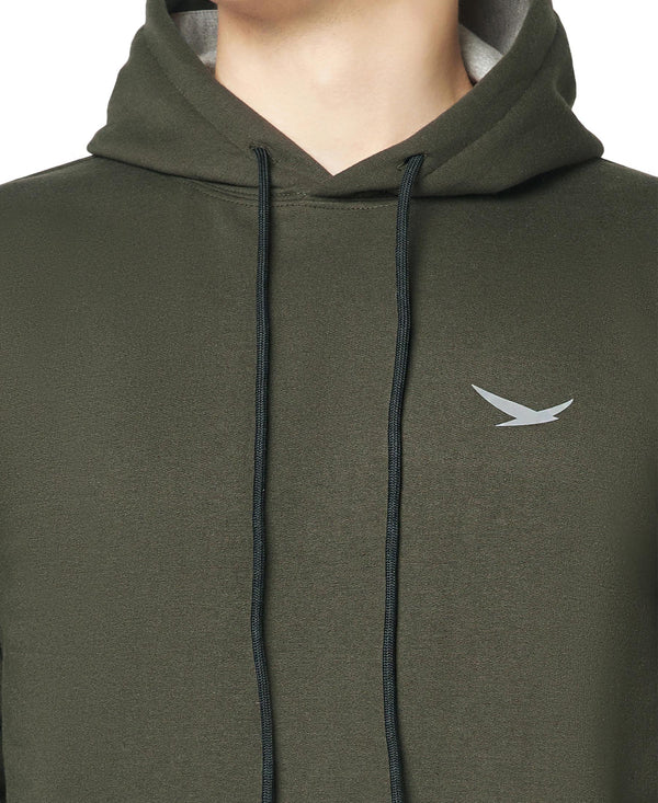 HiFlyers Men Olive Cotton Fleece Smart FitSolid Sweatshirt With Hood