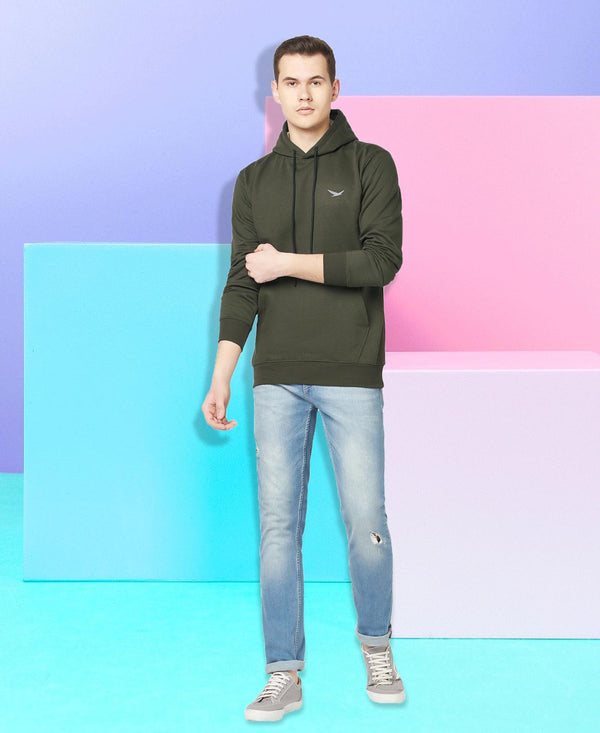 HiFlyers Men Olive Cotton Fleece Smart FitSolid Sweatshirt With Hood