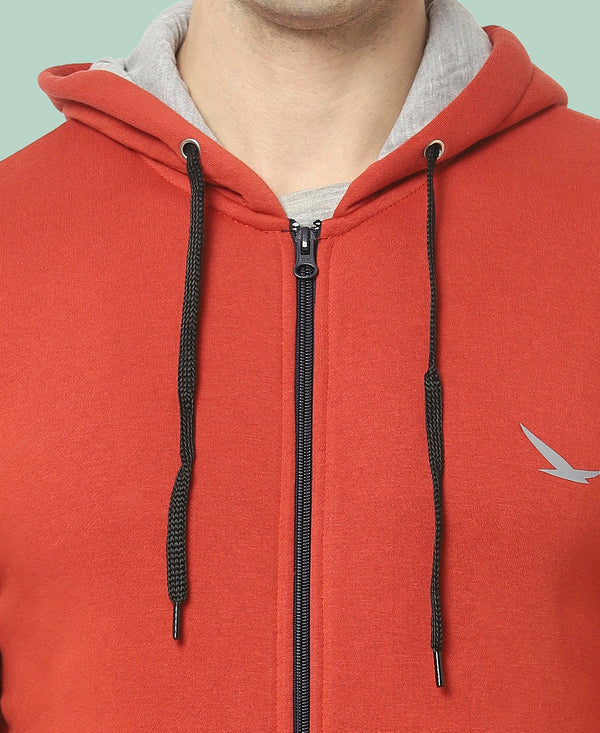 HiFlyers Mens Red Slim Fit Solid Cotton Fleece Sweatshirt With Hood