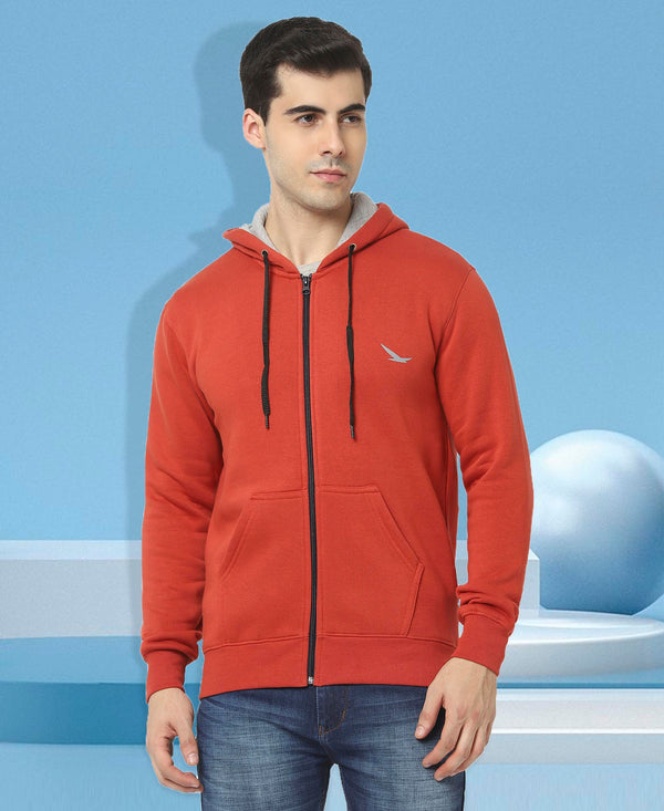 HiFlyers Mens Red Slim Fit Solid Cotton Fleece Sweatshirt With Hood