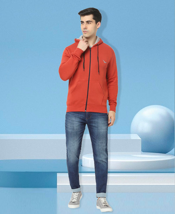 HiFlyers Mens Red Slim Fit Solid Cotton Fleece Sweatshirt With Hood