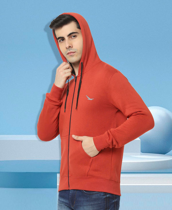 HiFlyers Mens Red Slim Fit Solid Cotton Fleece Sweatshirt With Hood