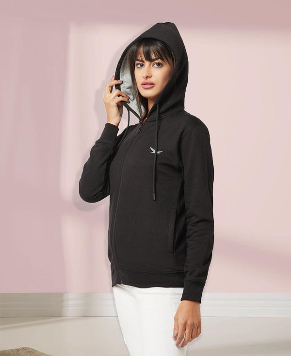 HiFlyers Women Black Cotton FleeceSolid Sweatshirt With Hood
