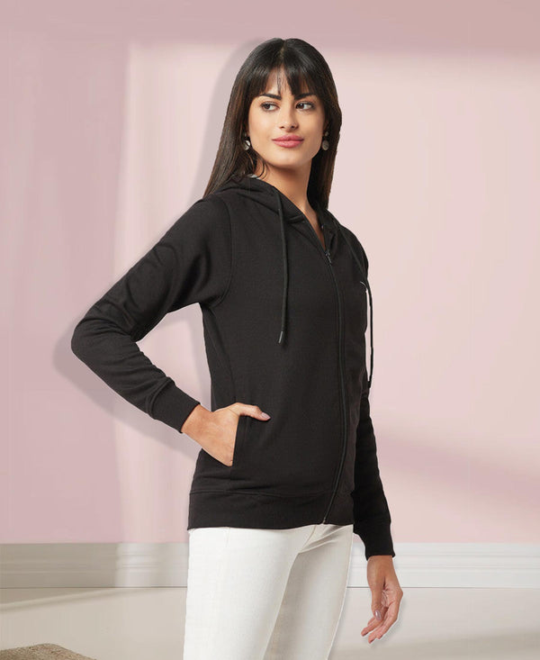 HiFlyers Women Black Cotton FleeceSolid Sweatshirt With Hood