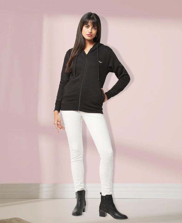HiFlyers Women Black Cotton FleeceSolid Sweatshirt With Hood