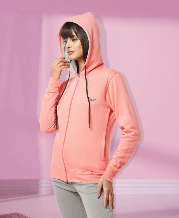 HiFlyers Women Coral Cotton FleeceSolid Sweatshirt With Hood