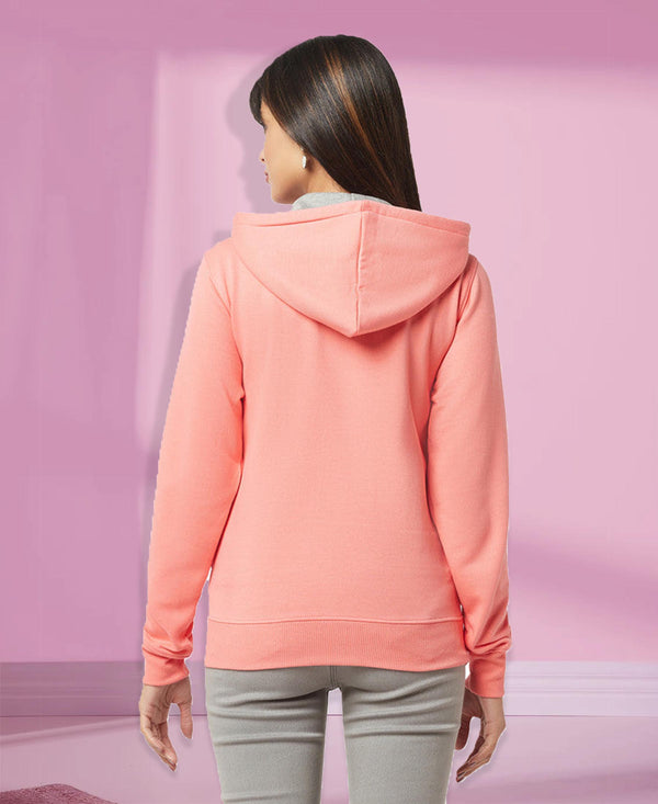 HiFlyers Women Coral Cotton FleeceSolid Sweatshirt With Hood