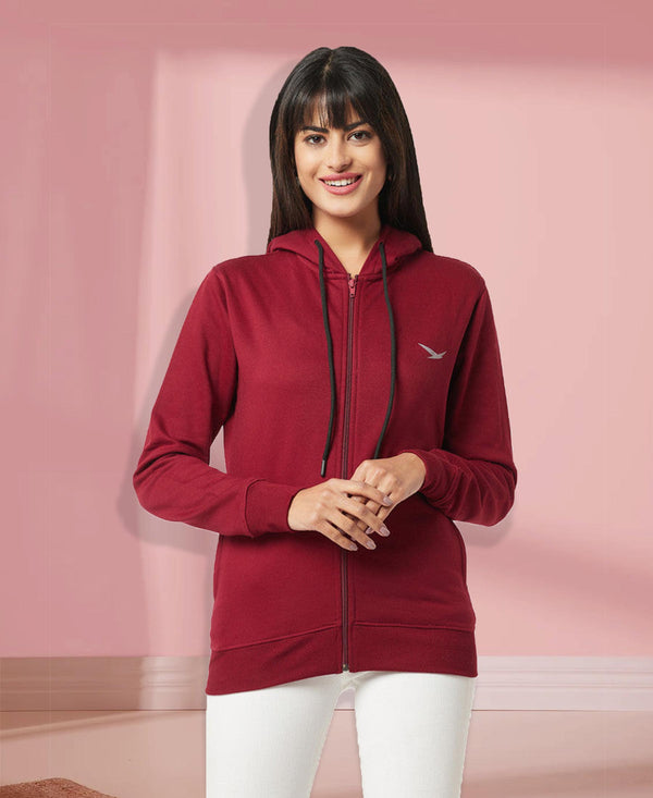 HiFlyers Women Maroon Cotton FleeceSolid Sweatshirt With Hood