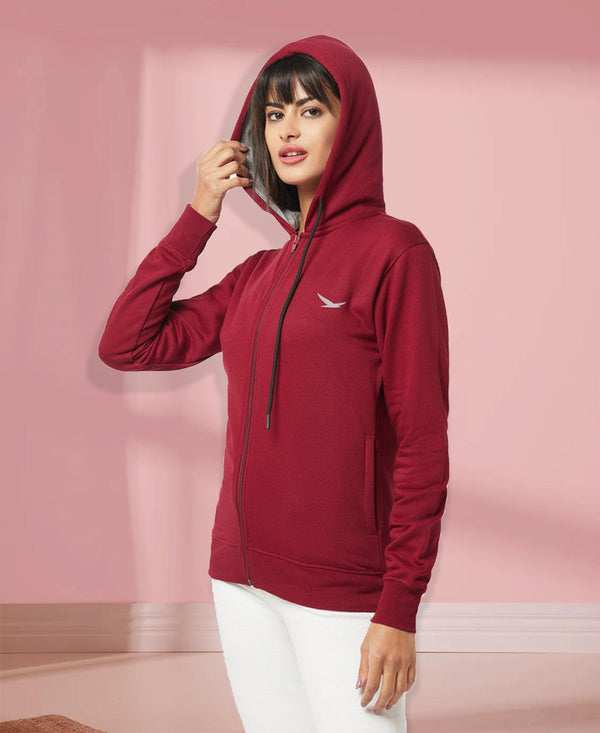 HiFlyers Women Maroon Cotton FleeceSolid Sweatshirt With Hood