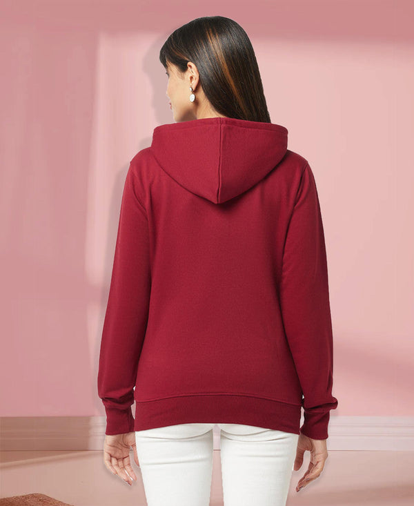 HiFlyers Women Maroon Cotton FleeceSolid Sweatshirt With Hood