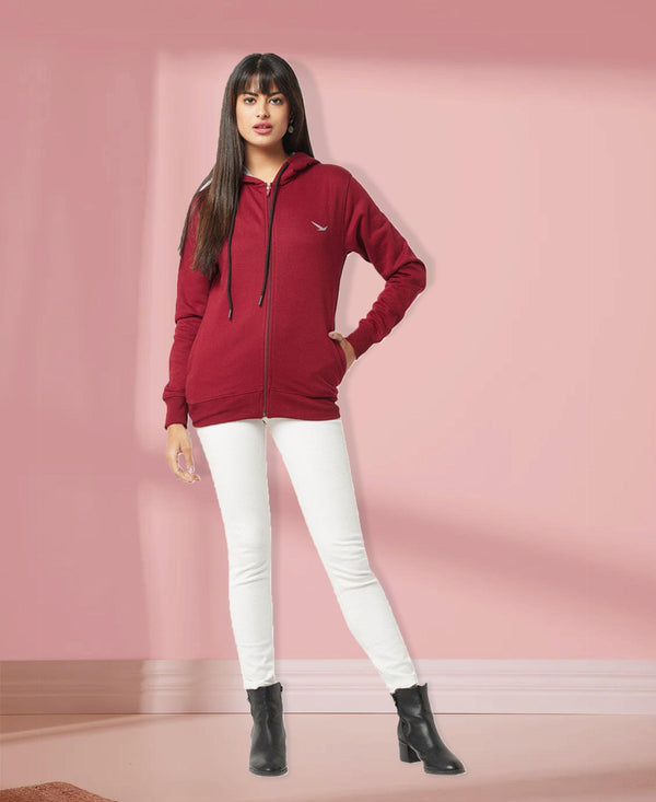 HiFlyers Women Maroon Cotton FleeceSolid Sweatshirt With Hood