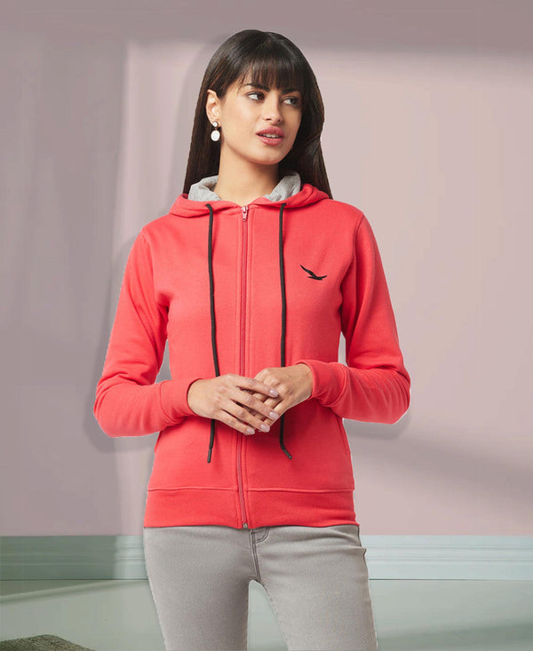 HiFlyers Women Orange Cotton FleeceSolid Sweatshirt With Hood