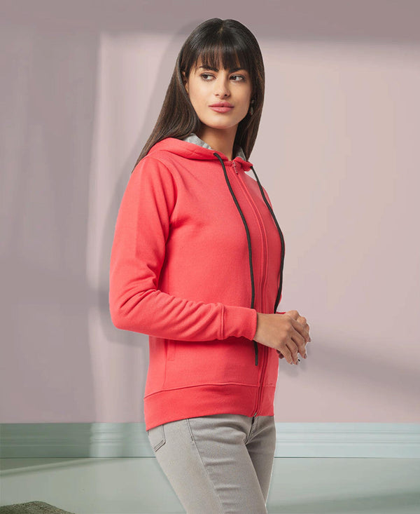 HiFlyers Women Orange Cotton FleeceSolid Sweatshirt With Hood