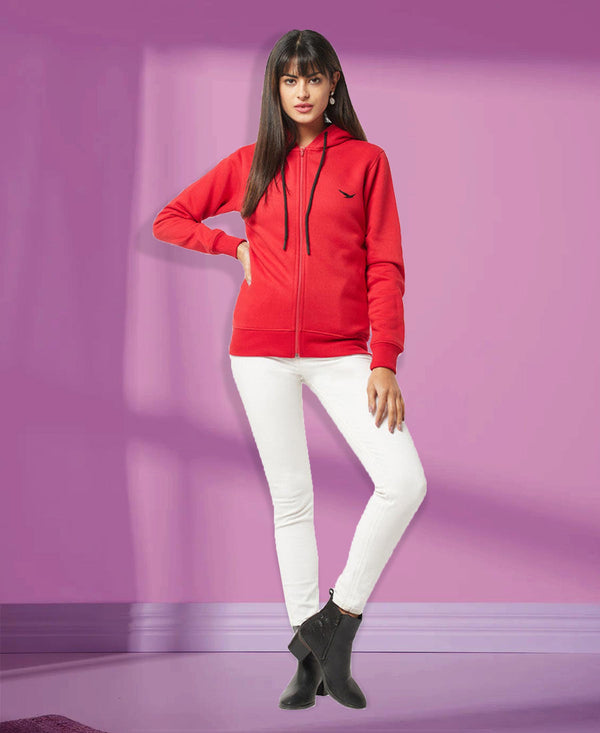 HiFlyers Women Red Cotton FleeceSolid Sweatshirt With Hood