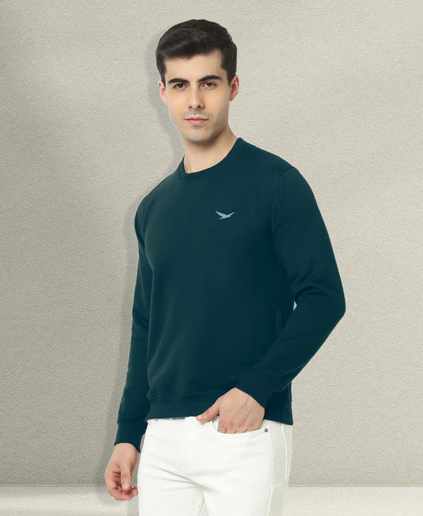 HiFlyers Men Slim Fit Solid Cotton Fleece Sweatshirt -Dark Green