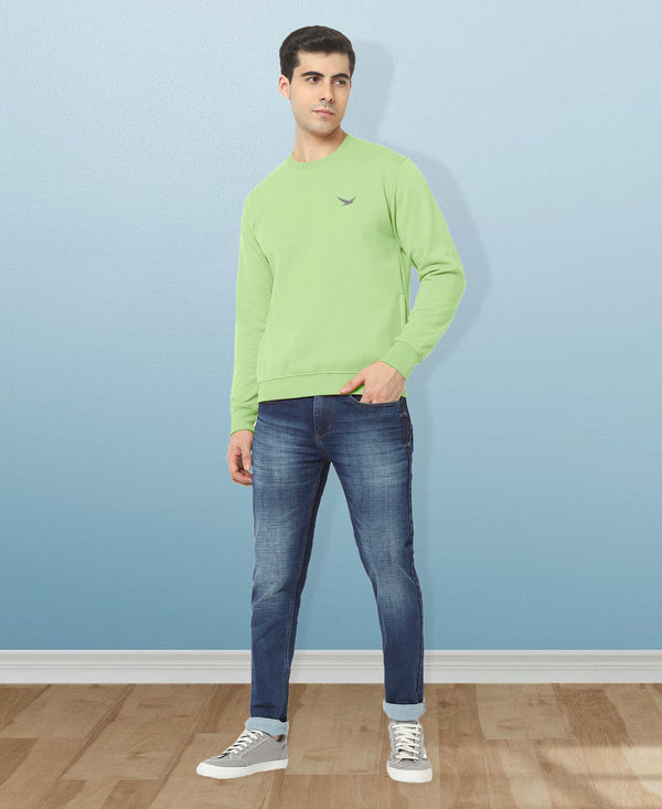 HiFlyers Men Slim Fit Solid Cotton Fleece Sweatshirt -Pista Green