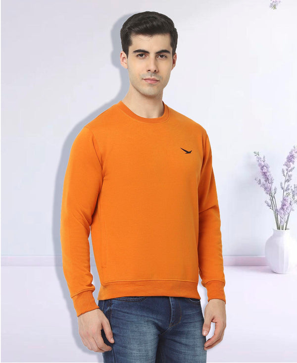 HiFlyers Mens Orange Slim Fit Solid Cotton Fleece Sweatshirt
