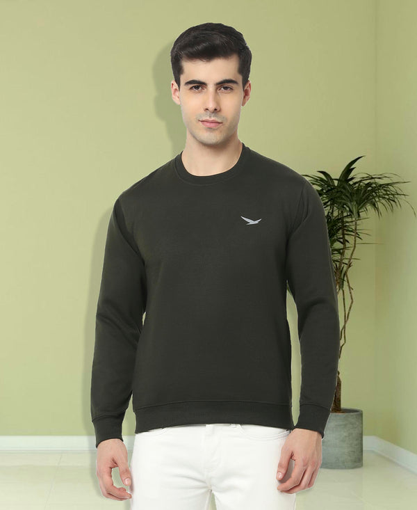 HiFlyers Mens Olive Slim Fit Solid Cotton Fleece Sweatshirt