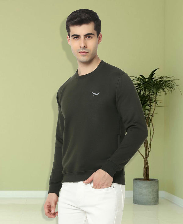 HiFlyers Mens Olive Slim Fit Solid Cotton Fleece Sweatshirt