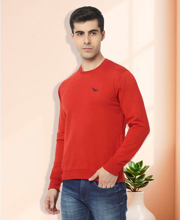 HiFlyers Mens Red Slim Fit Solid Cotton Fleece Sweatshirt