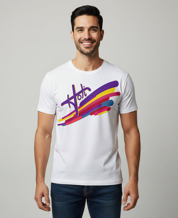 T.T. Men Holi Printed | Half Sleeves | Cotton Blended T-Shirts For Men | Regular Fit | White(Non-Returnable | Non-Exchangeable Item)