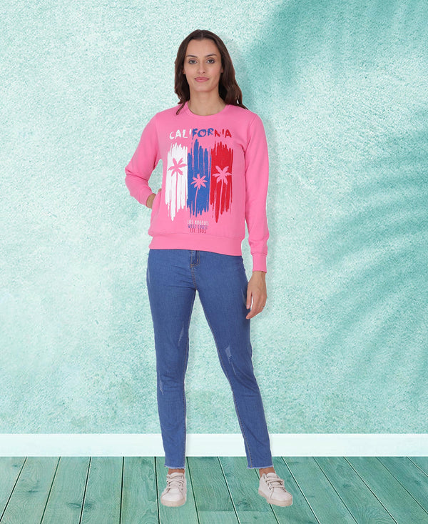 HiFlyers Women Pink Regular Fit Printed Round Neck Sweatshirt