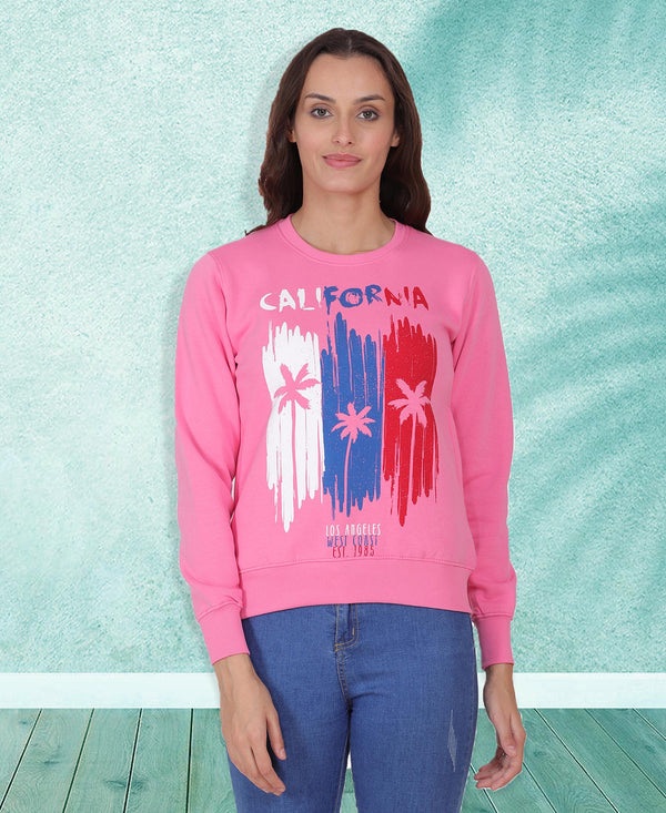 HiFlyers Women Pink Regular Fit Printed Round Neck Sweatshirt