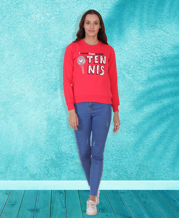HiFlyers Women Red Regular Fit Printed Round Neck Sweatshirt