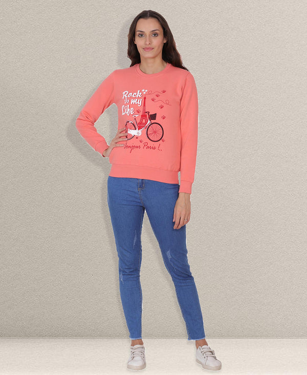 HiFlyers Women Coral Regular Fit Printed Round Neck Sweatshirt