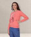 HiFlyers Women Coral Regular Fit Printed Round Neck Sweatshirt
