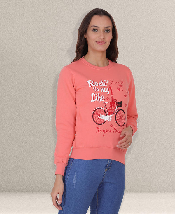 HiFlyers Women Coral Regular Fit Printed Round Neck Sweatshirt