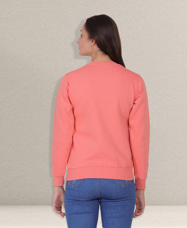 HiFlyers Women Coral Regular Fit Printed Round Neck Sweatshirt