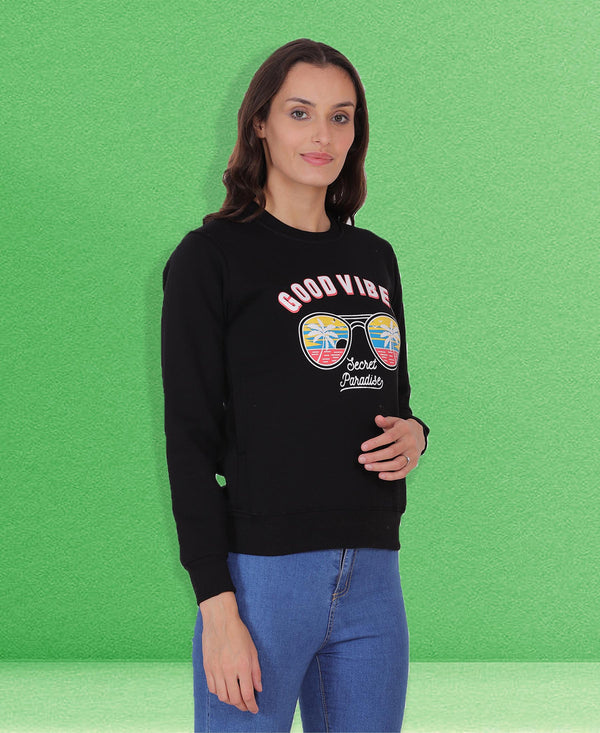 HiFlyers Women Black Regular Fit Printed Round Neck Sweatshirt