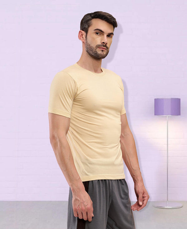 T.T Mens Regular FitPoly Jersey Round Neck Half Sleeve T-Shirt- Ivory