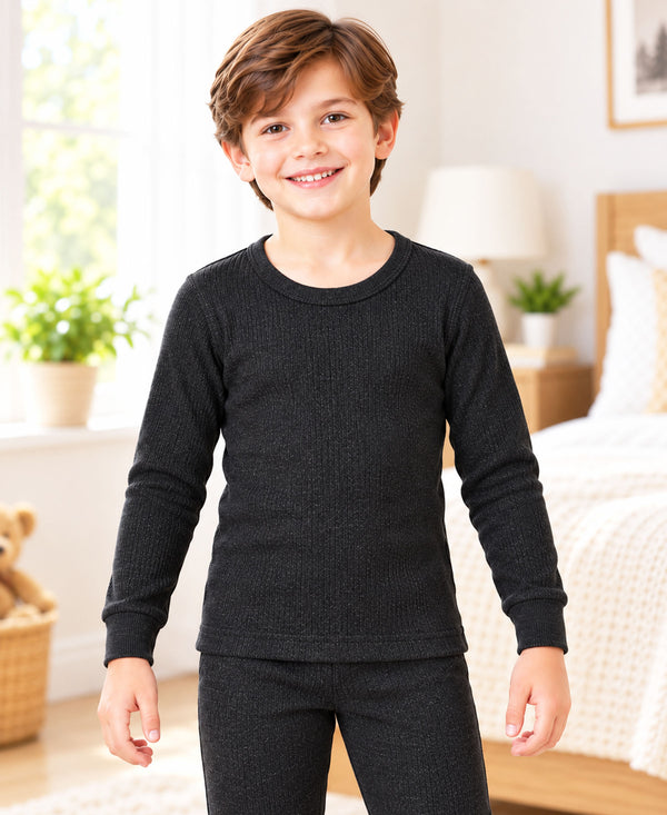 T.T. Boys|Regular Fit|Cotton Rich|With Elastomeric Finish|Soft & Warm Winter Innerwear For Kids|Full Sleeves Top & Bottom Set |Thermal Set||Black