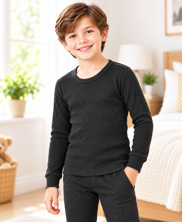 T.T. Boys|Regular Fit|Cotton Rich|With Elastomeric Finish|Soft & Warm Winter Innerwear For Kids|Full Sleeves Top & Bottom Set |Thermal Set||Black