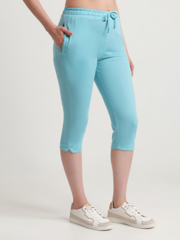 T.T. Women Regular Fit Poly Jersey Solid Capri -Turquoise